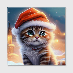 Холст квадратный Новогодний котенок в шапочке, цвет: 3D-принт — фото 2