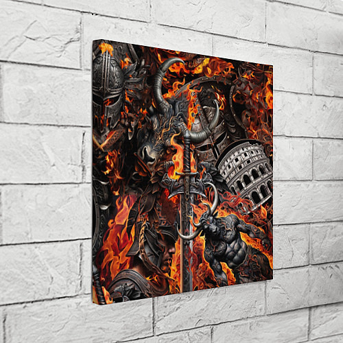 Картина квадратная Гладиатор и минотавр на фоне огня мечей и щитов / 3D-принт – фото 3