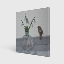 Холст квадратный Подснежники и птичка, цвет: 3D-принт
