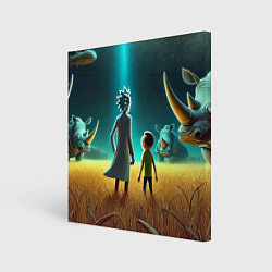 Холст квадратный Морти и Рик на планете носорогов - неоновое свечен, цвет: 3D-принт