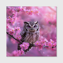 Холст квадратный Сова на ветке с розовыми цветами, цвет: 3D-принт — фото 2