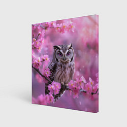Холст квадратный Сова на ветке с розовыми цветами, цвет: 3D-принт