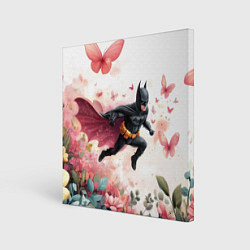 Холст квадратный Бэтмен прыгает над цветами и бабочками, цвет: 3D-принт