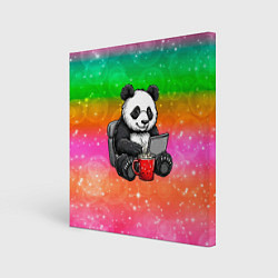 Холст квадратный Панда с кофе за ноутом, цвет: 3D-принт