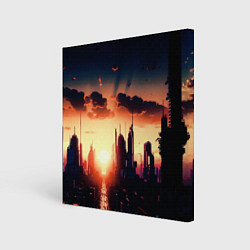 Картина квадратная Пейзаж город будущего закат