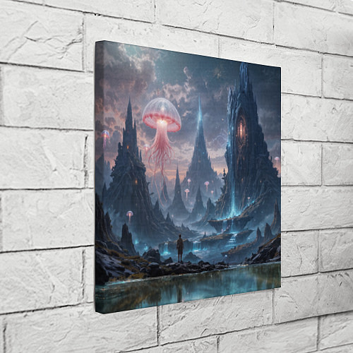 Картина квадратная Фантастический мир с медузами и озеро у гор / 3D-принт – фото 3