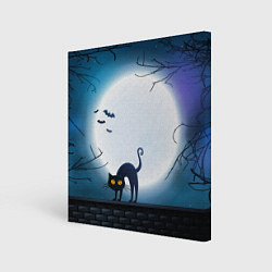 Картина квадратная Полнолуние и черный кот - жуткий Хэллоуин