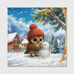 Холст квадратный Совушка в шапочке лепит снеговика, цвет: 3D-принт — фото 2