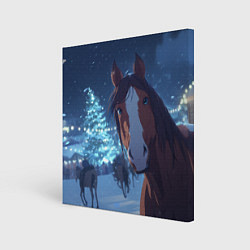 Холст квадратный Лошадь на фоне новогодней елки, цвет: 3D-принт