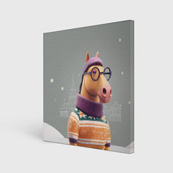 Холст квадратный Новогодняя лошадка хипстер, цвет: 3D-принт