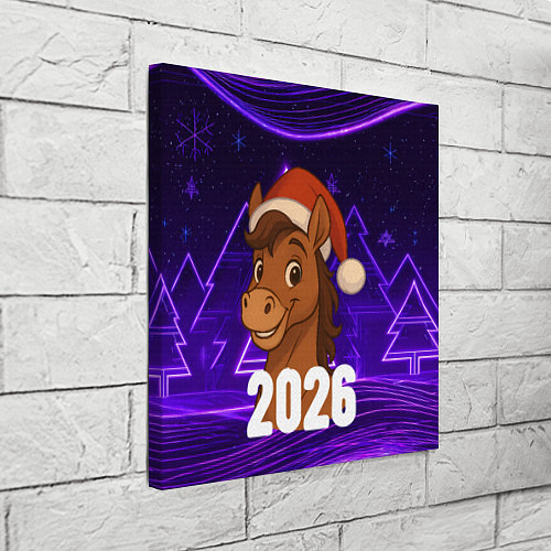 Картина квадратная 2026 новогодняя лошадка на фоне фиолетовых елок / 3D-принт – фото 3