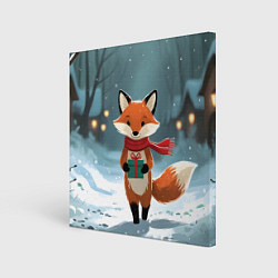 Холст квадратный Лисичка с подарком зимой, цвет: 3D-принт