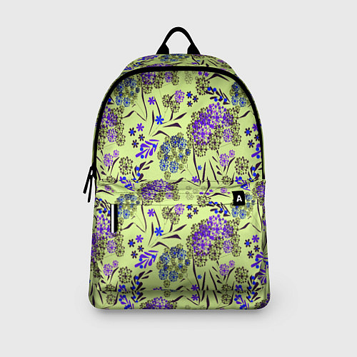 Рюкзак Фиолетовые цветы на зеленом фоне / 3D-принт – фото 3