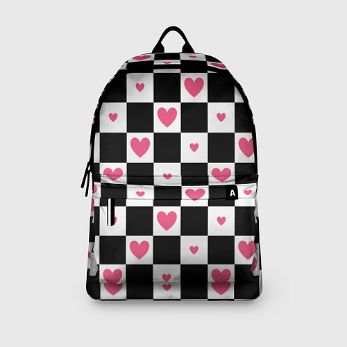 Рюкзак Розовые сердечки на фоне шахматной черно-белой дос / 3D-принт – фото 3