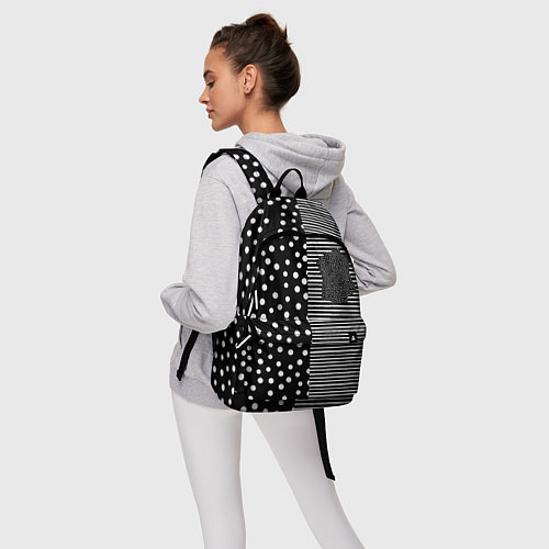 Рюкзак Мелкая полоска и белый горошек на чёрном / 3D-принт – фото 6
