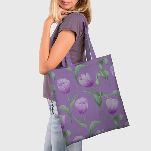 Сумка-шоппер Фиолетовые тюльпаны с зелеными листьями / 3D-принт – фото 3