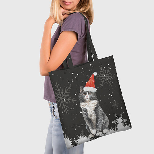 Сумка-шоппер Новогодний Черный кот в кружке / 3D-принт – фото 3