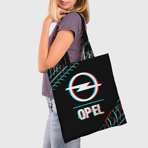 Сумка-шоппер Значок Opel в стиле Glitch на темном фоне / 3D-принт – фото 3