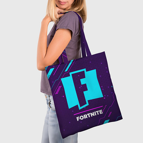 Сумка-шоппер Символ Fortnite в неоновых цветах на темном фоне / 3D-принт – фото 3