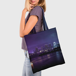 Сумка-шопер Неоновый город с рекой - Фиолетовый, цвет: 3D-принт — фото 2