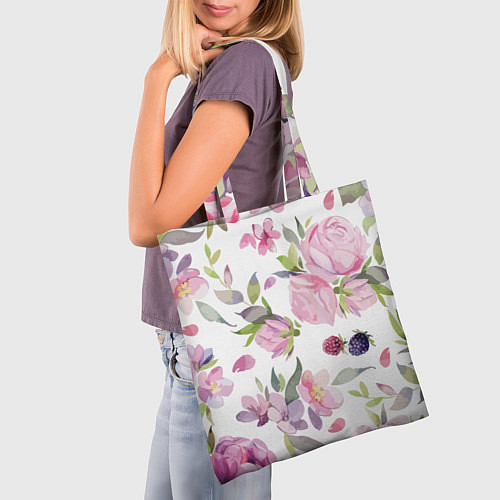 Сумка-шоппер Летний красочный паттерн из цветков розы и ягод еж / 3D-принт – фото 3
