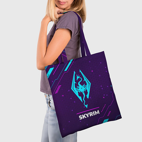 Сумка-шоппер Символ Skyrim в неоновых цветах на темном фоне / 3D-принт – фото 3
