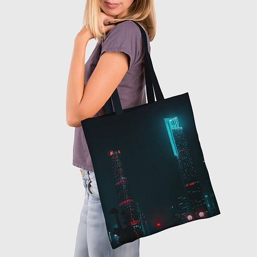 Сумка-шоппер Неоновые высотки в городе - Светло-синий / 3D-принт – фото 3