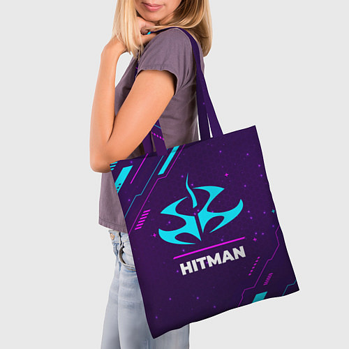 Сумка-шоппер Символ Hitman в неоновых цветах на темном фоне / 3D-принт – фото 3