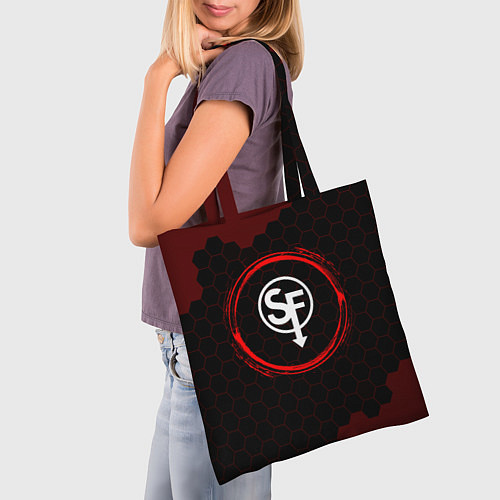 Сумка-шоппер Символ Sally Face и краска вокруг на темном фоне / 3D-принт – фото 3