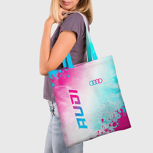 Сумка-шоппер Audi neon gradient style: символ и надпись вертика / 3D-принт – фото 3