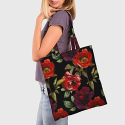 Сумка-шопер Цветы Нарисованные Розы На Чёрном Фоне, цвет: 3D-принт — фото 2