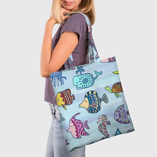 Сумка-шоппер Кит, черепаха, акула и другие обитатели океана / 3D-принт – фото 3