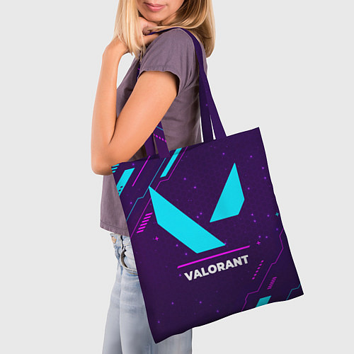 Сумка-шоппер Символ Valorant в неоновых цветах на темном фоне / 3D-принт – фото 3