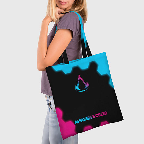 Сумка-шоппер Assassins Creed - neon gradient: символ, надпись / 3D-принт – фото 3