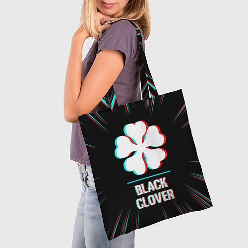Сумка-шоппер Символ Black Clover в стиле glitch на темном фоне / 3D-принт – фото 3