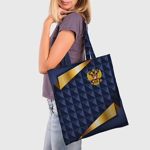 Сумка-шоппер Золотой герб России на объемном синим фоне / 3D-принт – фото 3