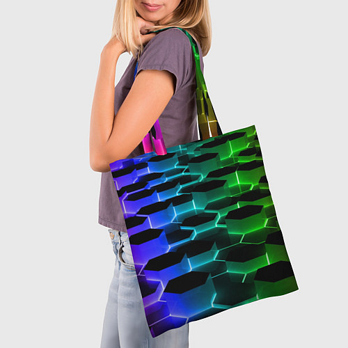 Сумка-шоппер Неоновые шестиугольники / 3D-принт – фото 3