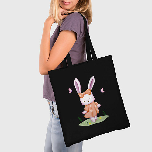 Сумка-шоппер Крольчонок С Бантиком На Чёрном Фоне / 3D-принт – фото 3