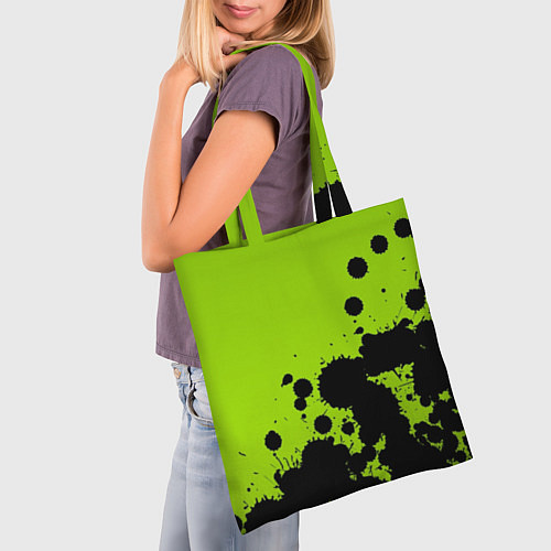 Сумка-шоппер Чёрные кляксы на зелёном фоне / 3D-принт – фото 3