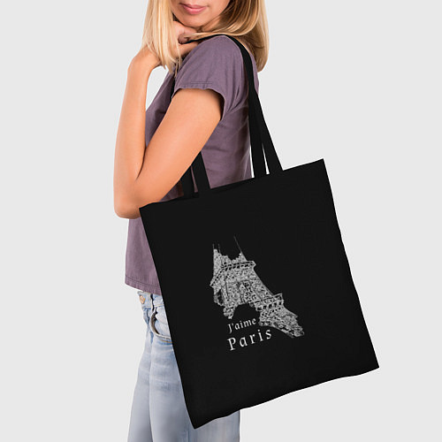 Сумка-шоппер Эйфелева башня и надпись Я люблю Париж на черном ф / 3D-принт – фото 3