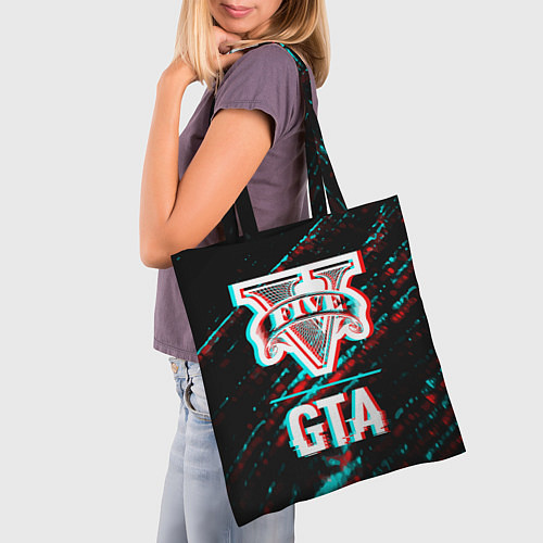Сумка-шоппер GTA в стиле glitch и баги графики на темном фоне / 3D-принт – фото 3