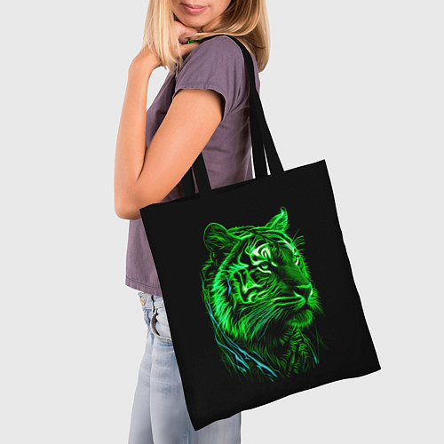 Сумка-шоппер Нейросеть: неоновый зелёный тигр / 3D-принт – фото 3