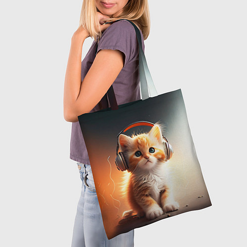 Сумка-шоппер Милый рыжий котёнок в наушниках / 3D-принт – фото 3