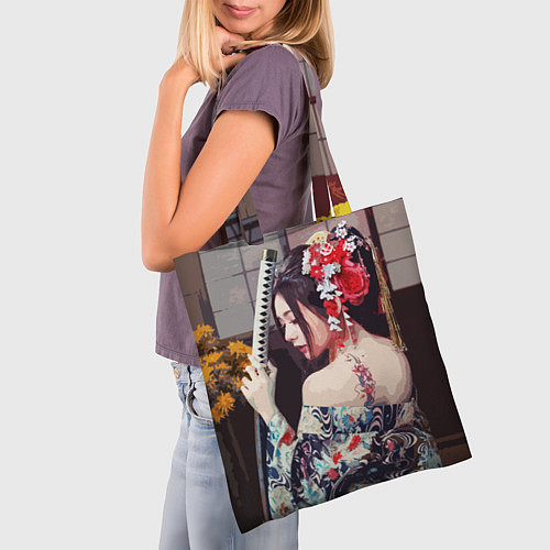 Сумка-шоппер Японская девушка с самурайским мечом / 3D-принт – фото 3