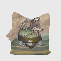 Сумка-шопер Портрет волка в технике двойной экспозиции, цвет: 3D-принт