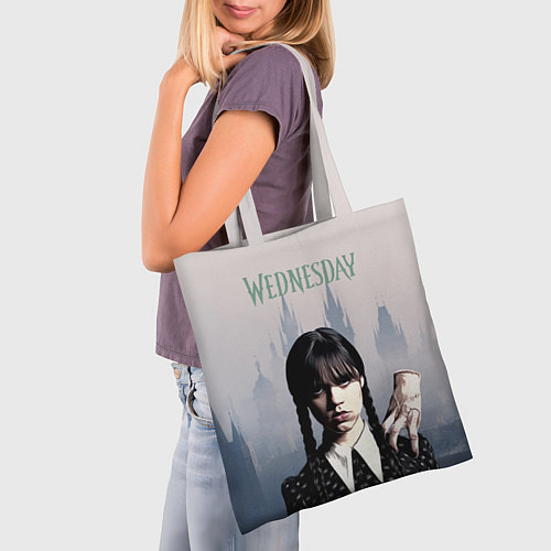 Сумка-шоппер Уэнсдей Аддамс и рука на фоне замка / 3D-принт – фото 3