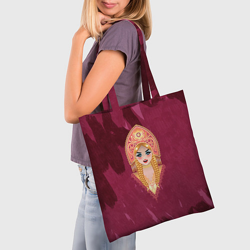 Сумка-шоппер Девушка в красном кокошнике с золотыми украшениями / 3D-принт – фото 3
