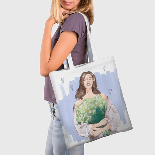 Сумка-шоппер Девушка с ромашками на синем фоне / 3D-принт – фото 3