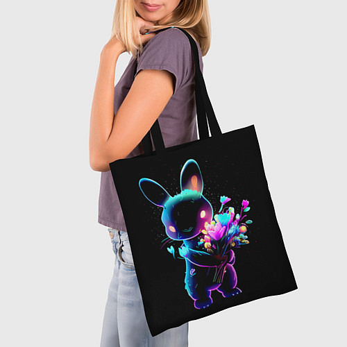 Сумка-шоппер Неоновый заяц с цветами / 3D-принт – фото 3