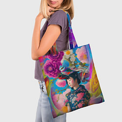 Сумка-шопер Девочка с птицами среди цветов - мскусство, цвет: 3D-принт — фото 2